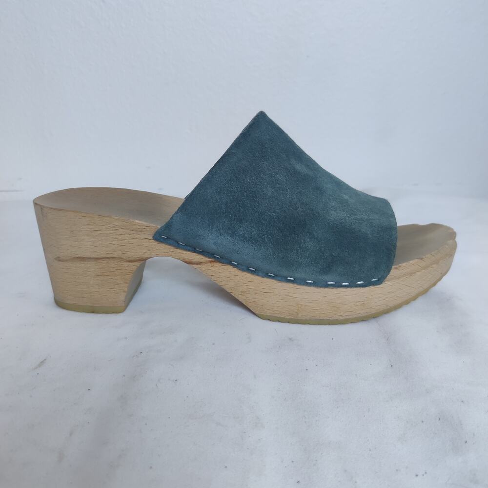 Zuzii Handmade Teal Suede Wood Slide Clogs 40 Chunky Platform Mules Scandi Girl